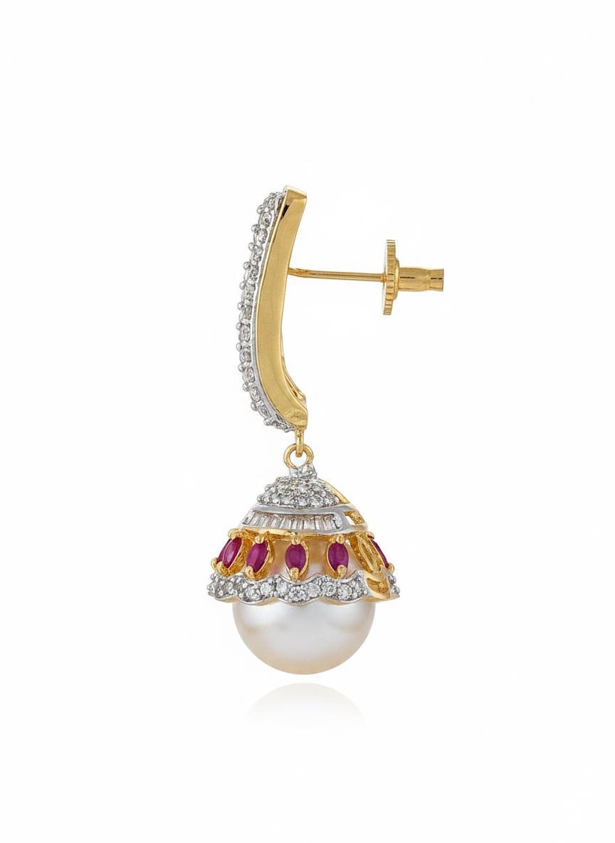 AD Gold Pearl Jhumka Earrings| Pearl Drop Jhumki| Earrings with Ruby Accent| Statement Boho Wedding Jewelry| Gift for her