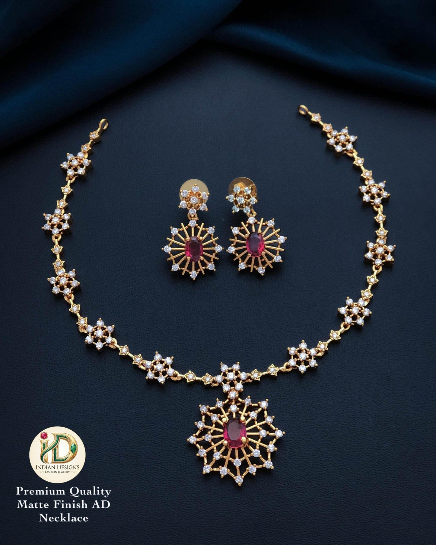 Matte Gold Finish AD Necklace Set with Sunburst Pendant & Matching Earrings| gift for her