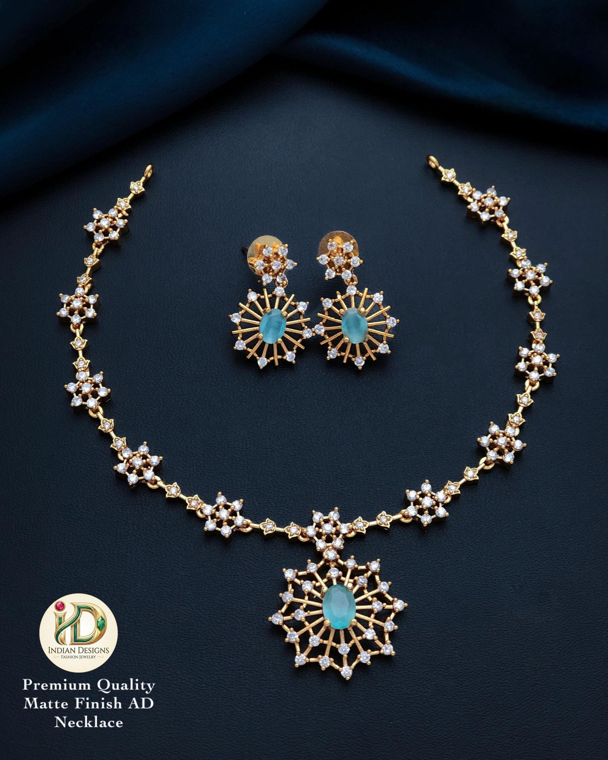 Matte Gold Finish AD Necklace Set with Sunburst Pendant & Matching Earrings| gift for her
