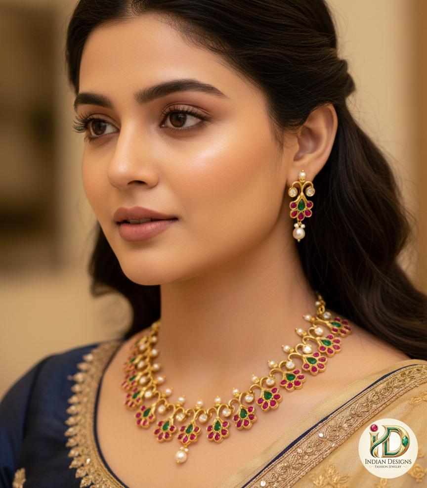 Antique Gold Jadau Kundan Choker Necklace Set with Earrings| Ruby Pink/White & Emerald Stones Gold Plated Floral Bridal Jewelry|gift for her