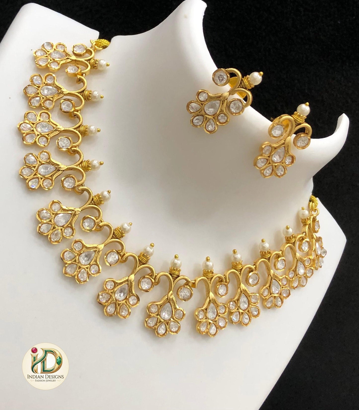 Antique Gold Jadau Kundan Choker Necklace Set with Earrings| Ruby Pink/White & Emerald Stones Gold Plated Floral Bridal Jewelry|gift for her