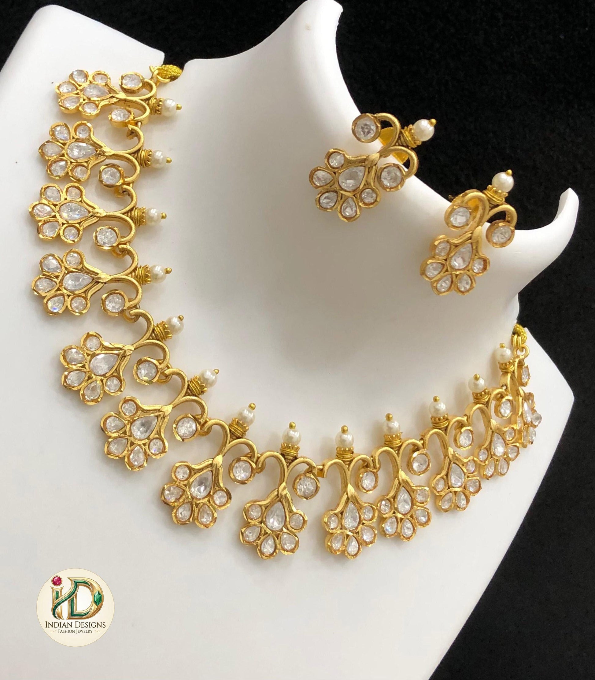 Antique Gold Jadau Kundan Choker Necklace Set with Earrings| Ruby Pink/White & Emerald Stones Gold Plated Floral Bridal Jewelry|gift for her