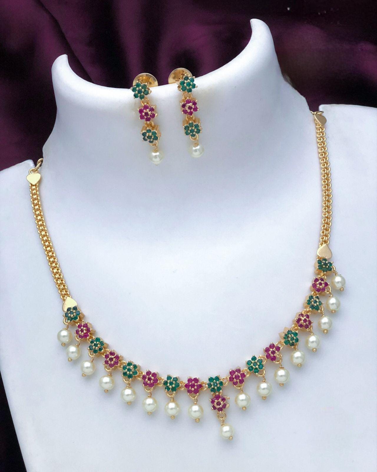 American Diamond Multi-color stone necklace and earring set| Gold plated floral design simple necklace| Bollywood Style CZ Set| Gift for her