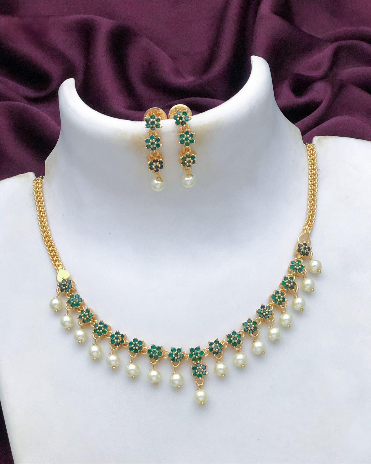 American Diamond Multi-color stone necklace and earring set| Gold plated floral design simple necklace| Bollywood Style CZ Set| Gift for her