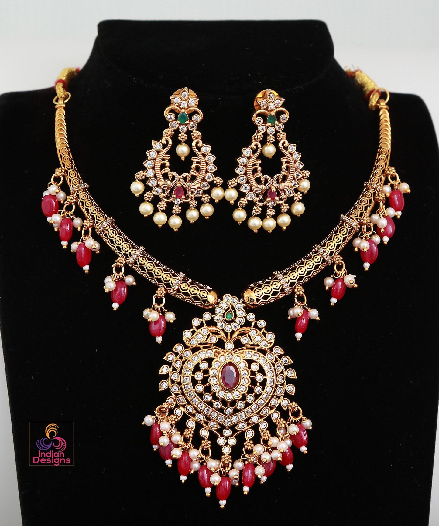 Antique Gold Ruby & Green necklace Earrings Set| Traditional AD Stone Choker| South Indian Wedding Party wear jewelry Set | Gift for her