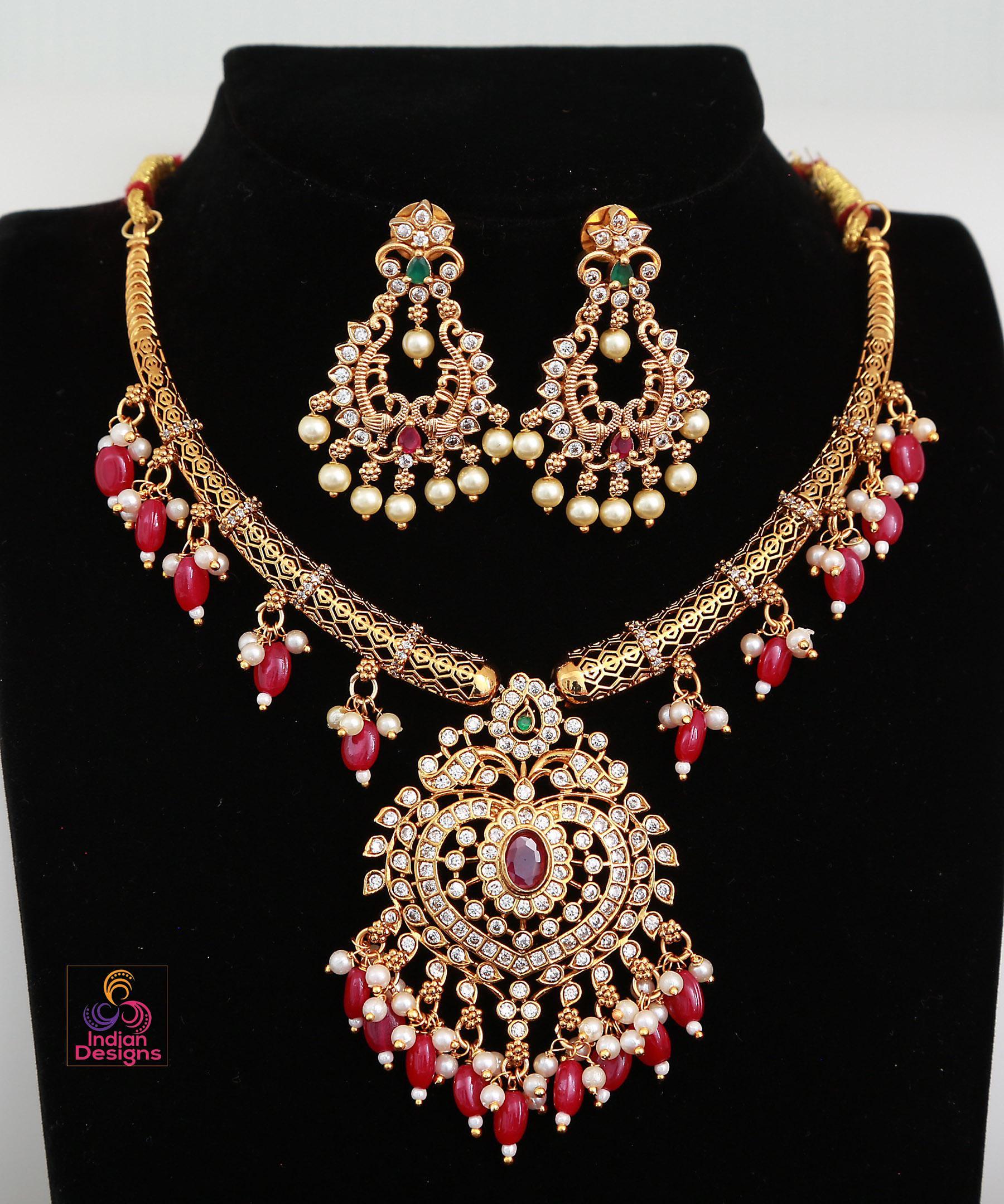 Antique Gold Ruby & Green necklace Earrings Set| Traditional AD Stone Choker| South Indian Wedding Party wear jewelry Set | Gift for her