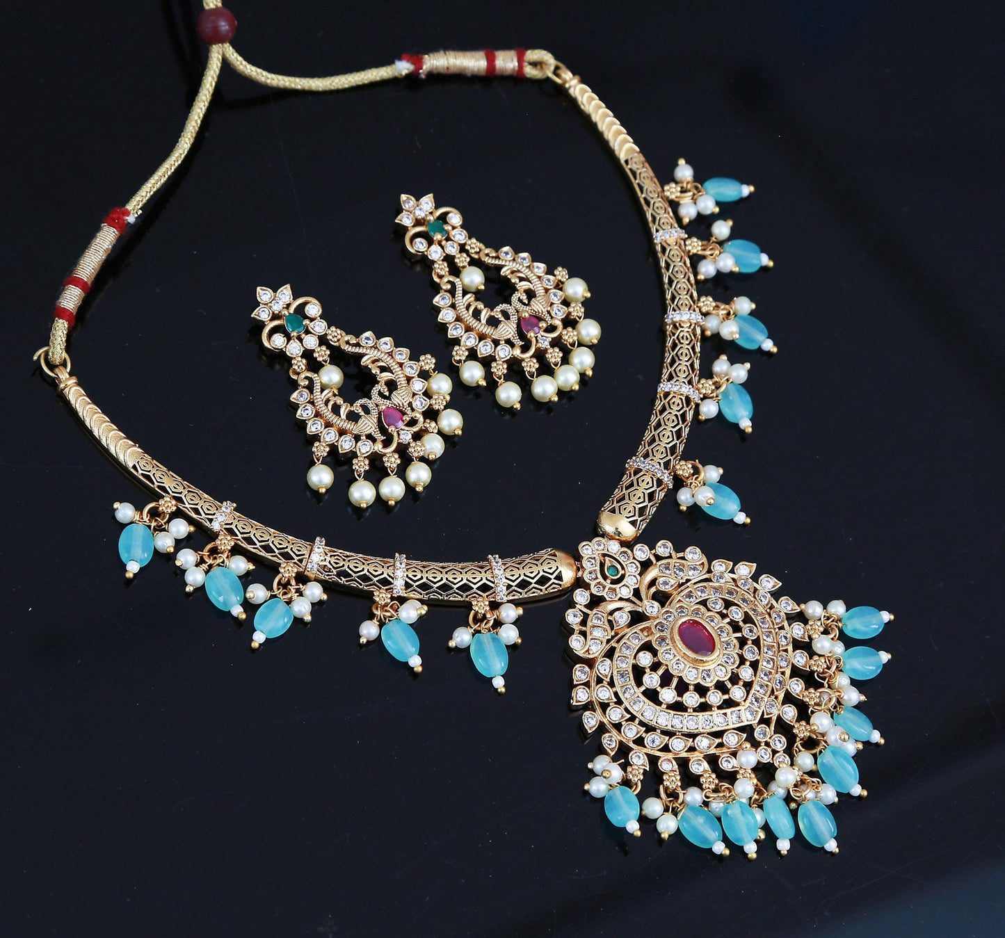 Antique Gold Ruby & Green necklace Earrings Set| Traditional AD Stone Choker| South Indian Wedding Party wear jewelry Set | Gift for her