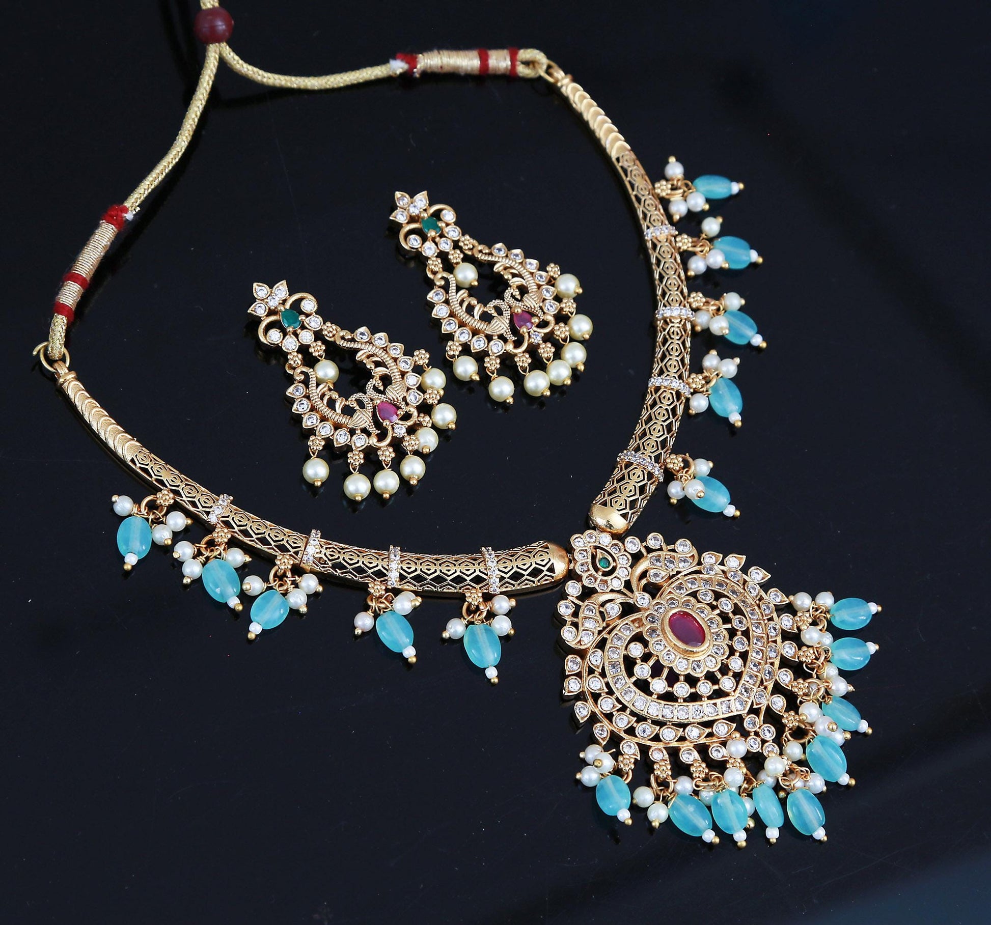Antique Gold Ruby & Green necklace Earrings Set| Traditional AD Stone Choker| South Indian Wedding Party wear jewelry Set | Gift for her
