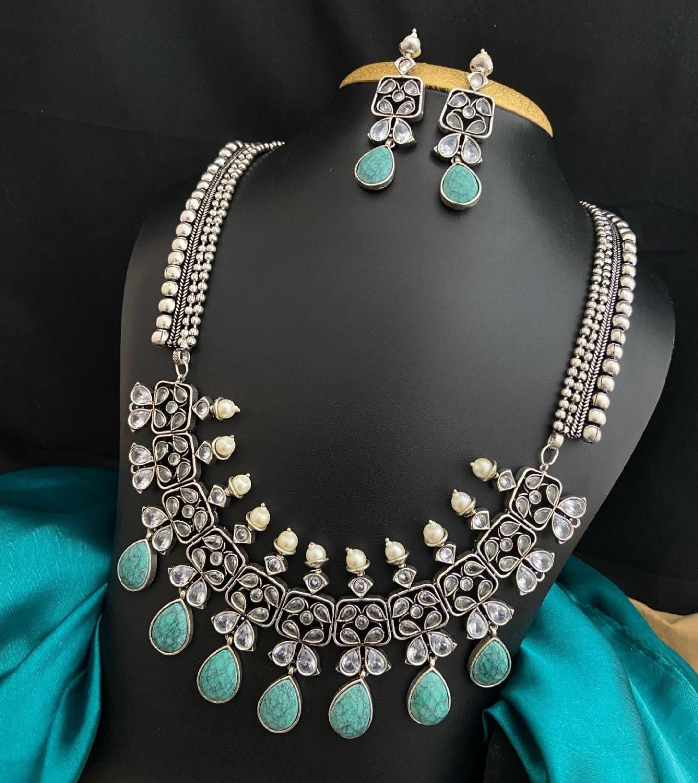 Premium Quality German Silver Long Necklace set | Indian Wedding Jewelry | Indian Bollywood Style Fashion Wedding Silver Plated Necklace Ear