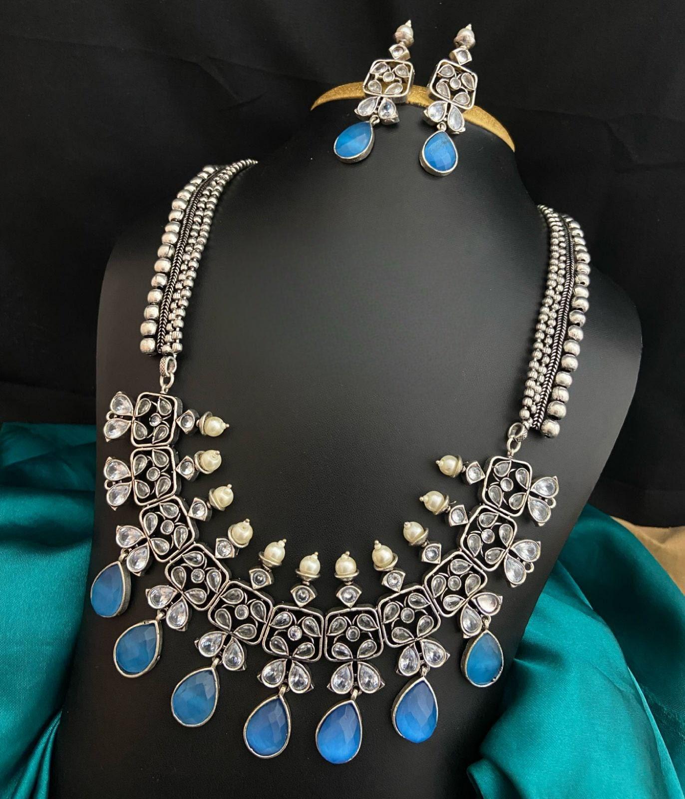 Premium Quality German Silver Long Necklace set | Indian Wedding Jewelry | Indian Bollywood Style Fashion Wedding Silver Plated Necklace Ear