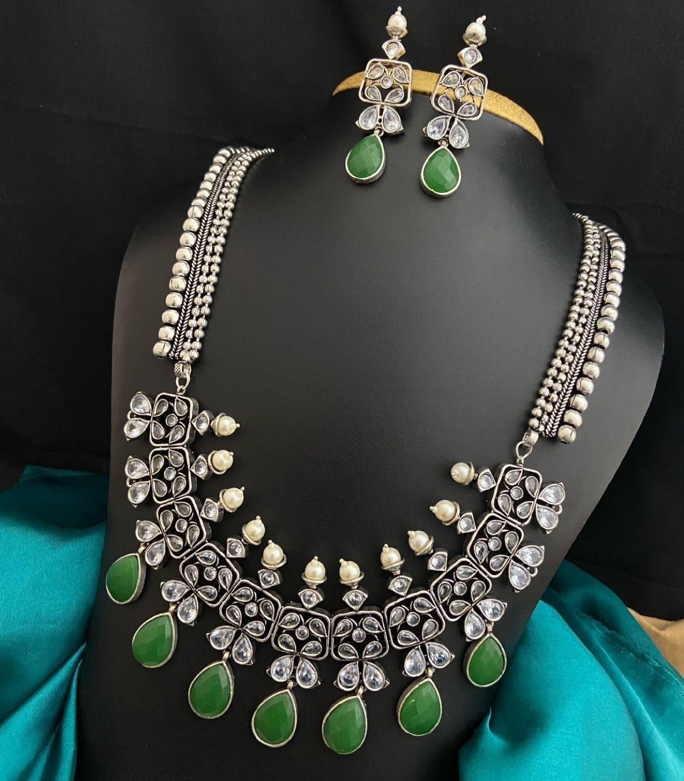 Premium Quality German Silver Long Necklace set | Indian Wedding Jewelry | Indian Bollywood Style Fashion Wedding Silver Plated Necklace Ear