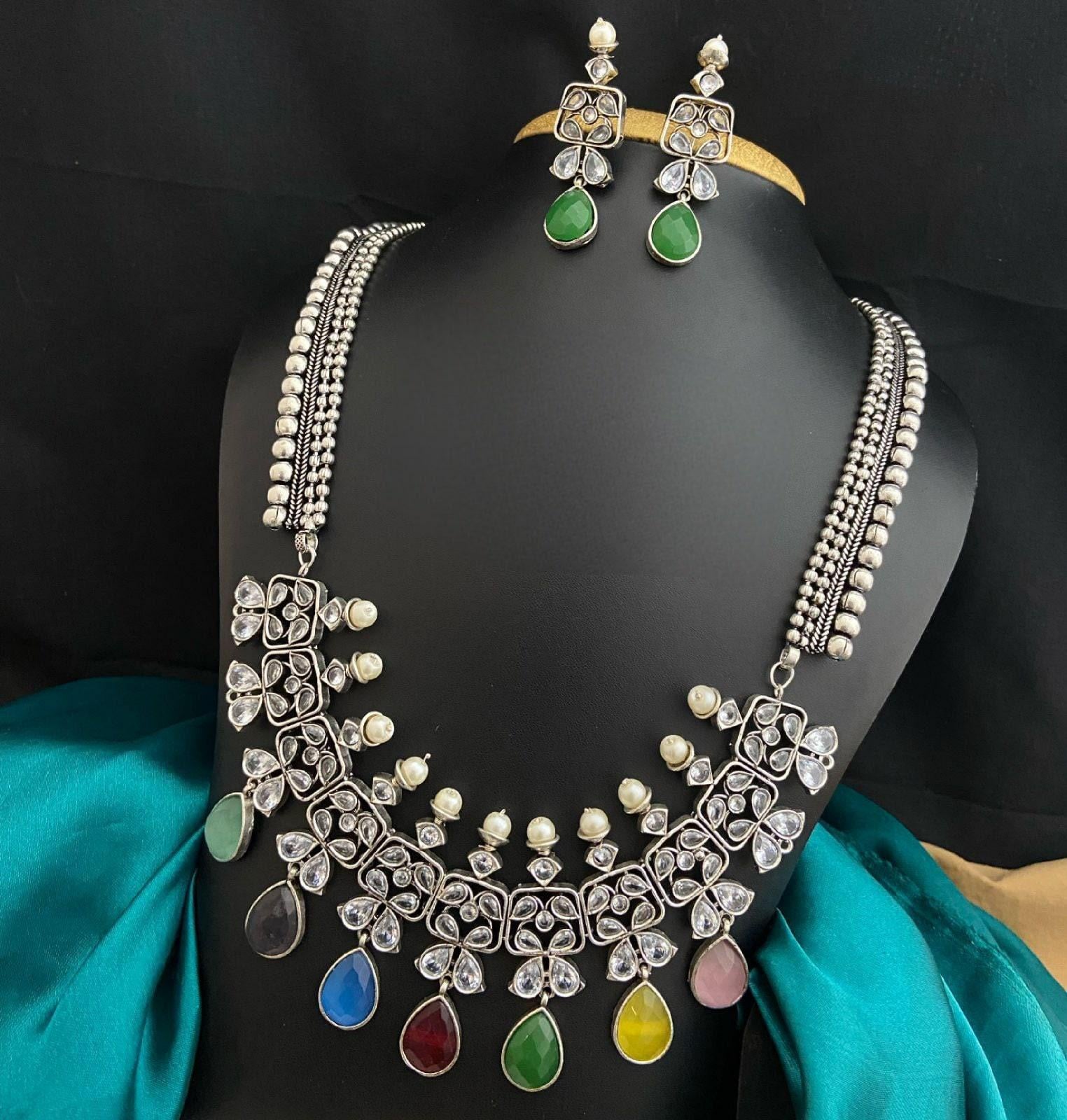 Premium Quality German Silver Long Necklace set | Indian Wedding Jewelry | Indian Bollywood Style Fashion Wedding Silver Plated Necklace Ear