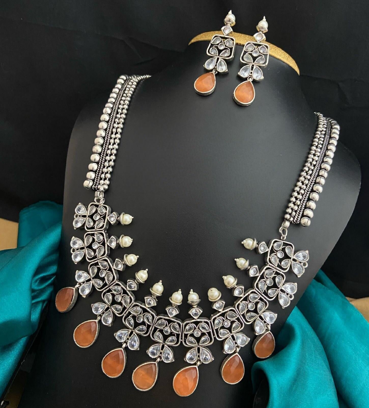 Premium Quality German Silver Long Necklace set | Indian Wedding Jewelry | Indian Bollywood Style Fashion Wedding Silver Plated Necklace Ear