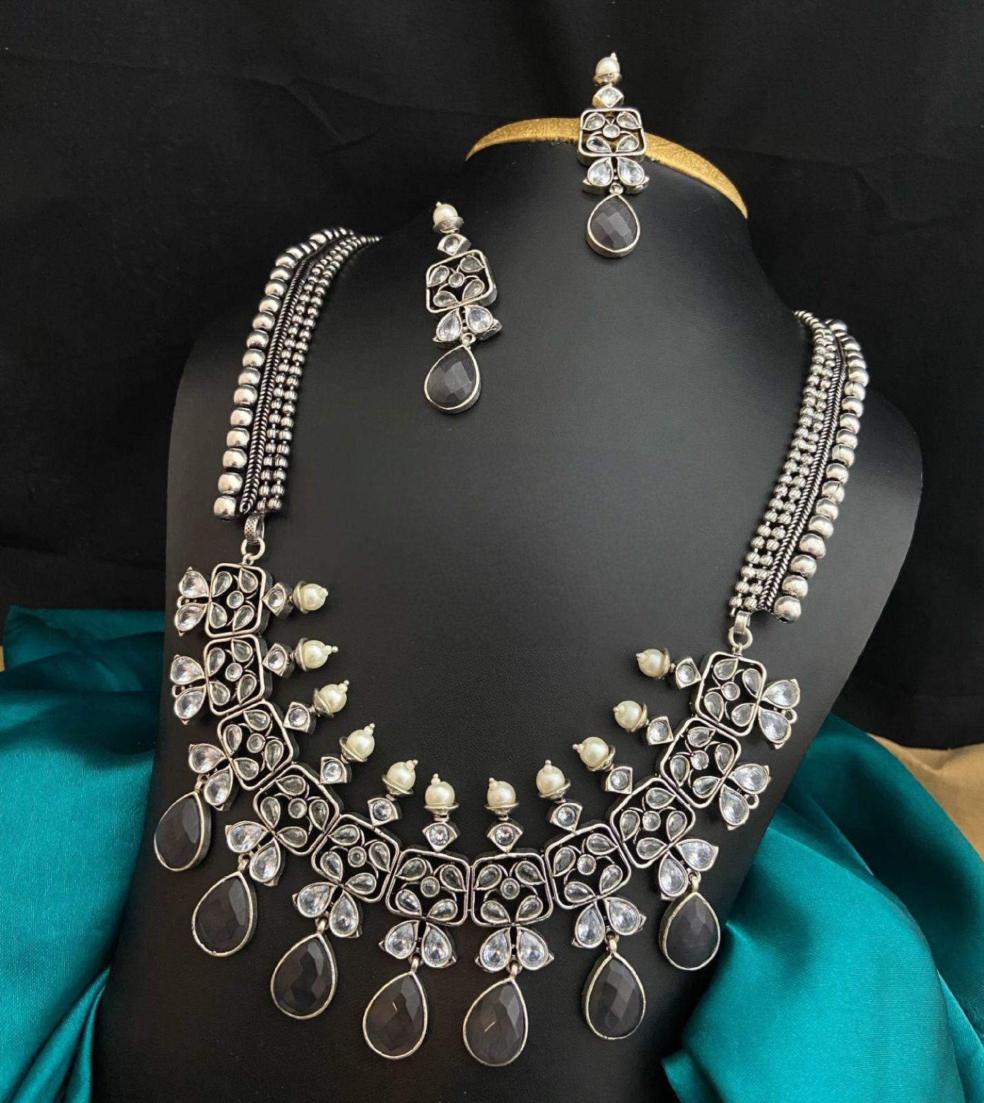 Premium Quality German Silver Long Necklace set | Indian Wedding Jewelry | Indian Bollywood Style Fashion Wedding Silver Plated Necklace Ear
