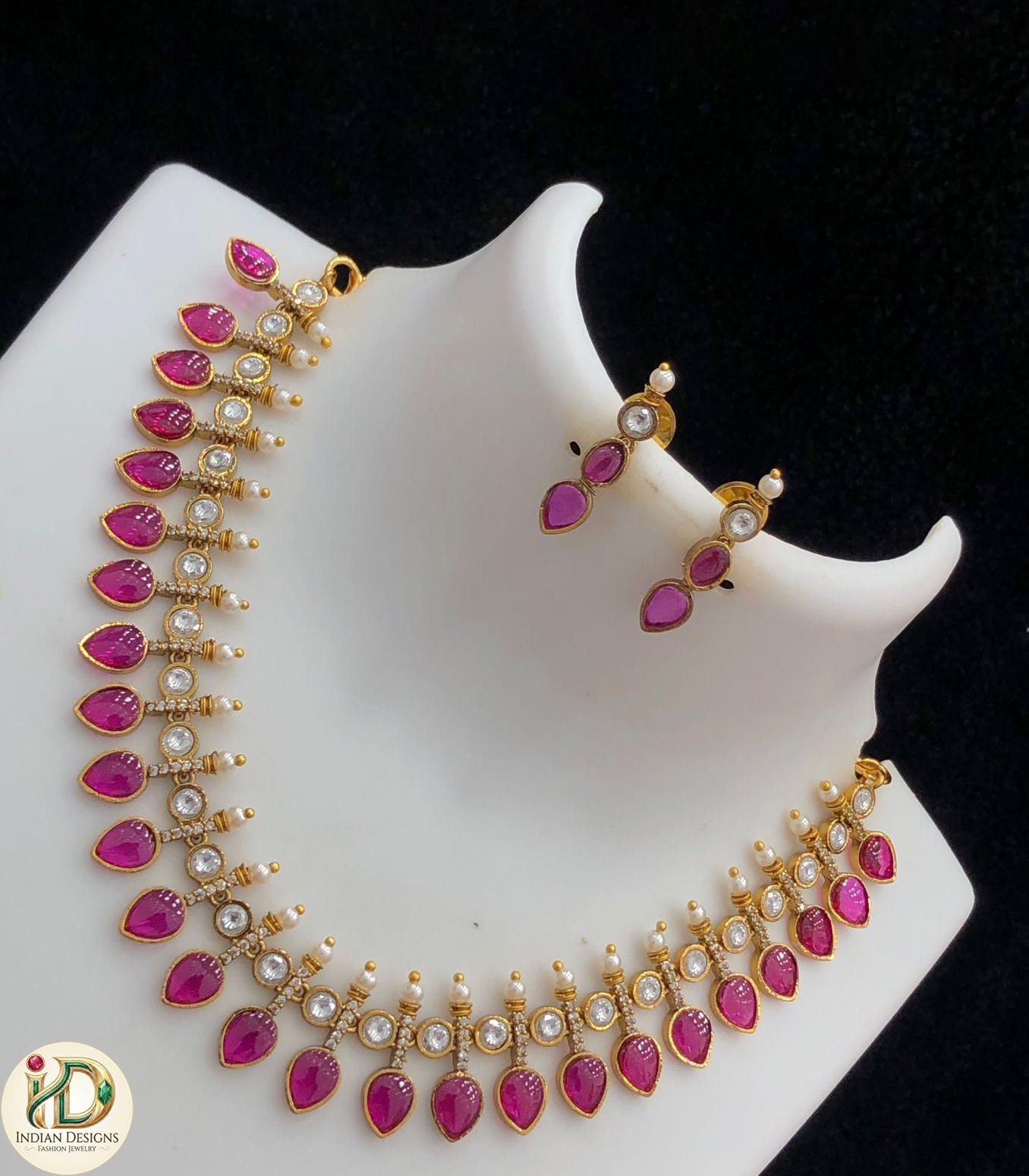 Indian AD Choker Necklace Set| Matte Gold Teardrop Bridal Jewelry| Kundan CZ Wedding Necklace| Desi Bridal Set USA| Party wear jewelry