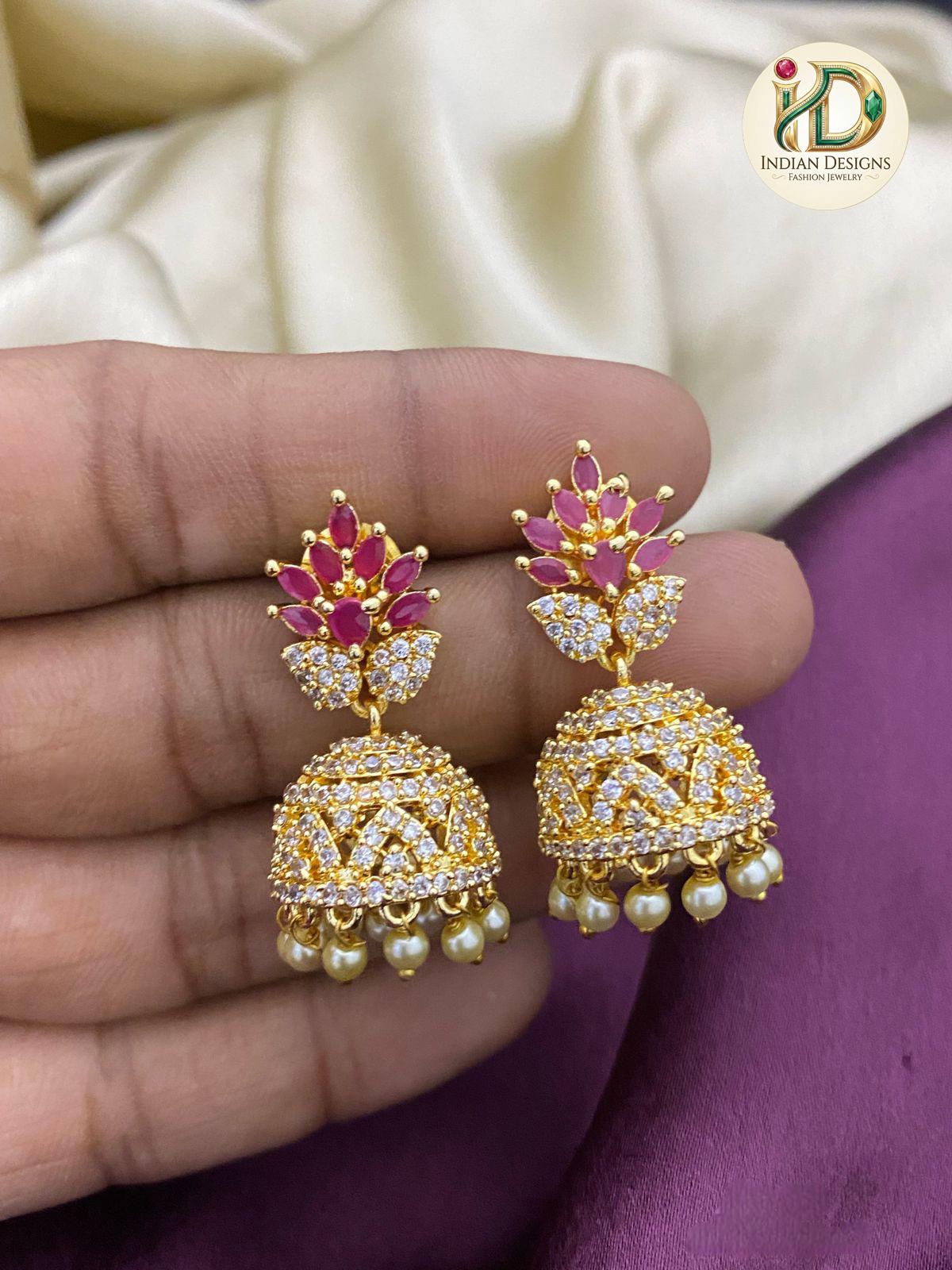 AD Jhumka Earrings with Pearl Drops| Gold Plated American Diamond Earrings| Traditional Indian Ethnic Jhumkis| Gift for her