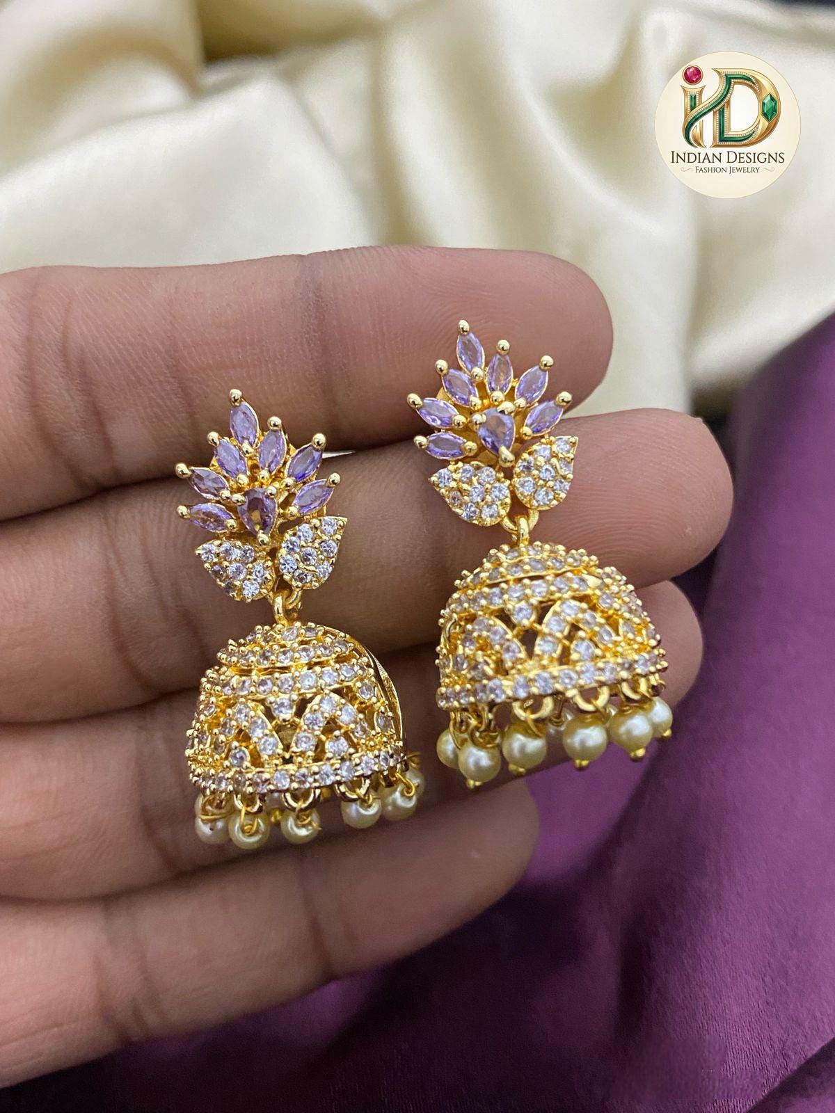 AD Jhumka Earrings with Pearl Drops| Gold Plated American Diamond Earrings| Traditional Indian Ethnic Jhumkis| Gift for her