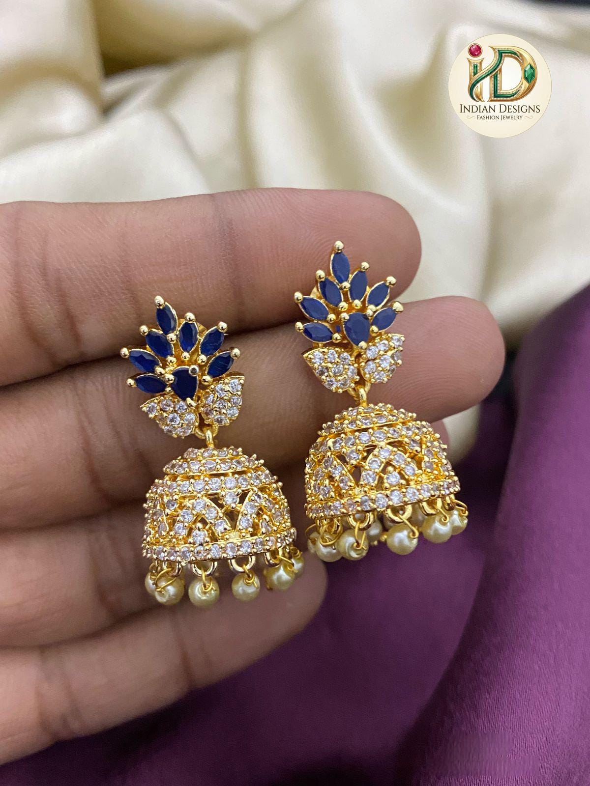 AD Jhumka Earrings with Pearl Drops| Gold Plated American Diamond Earrings| Traditional Indian Ethnic Jhumkis| Gift for her