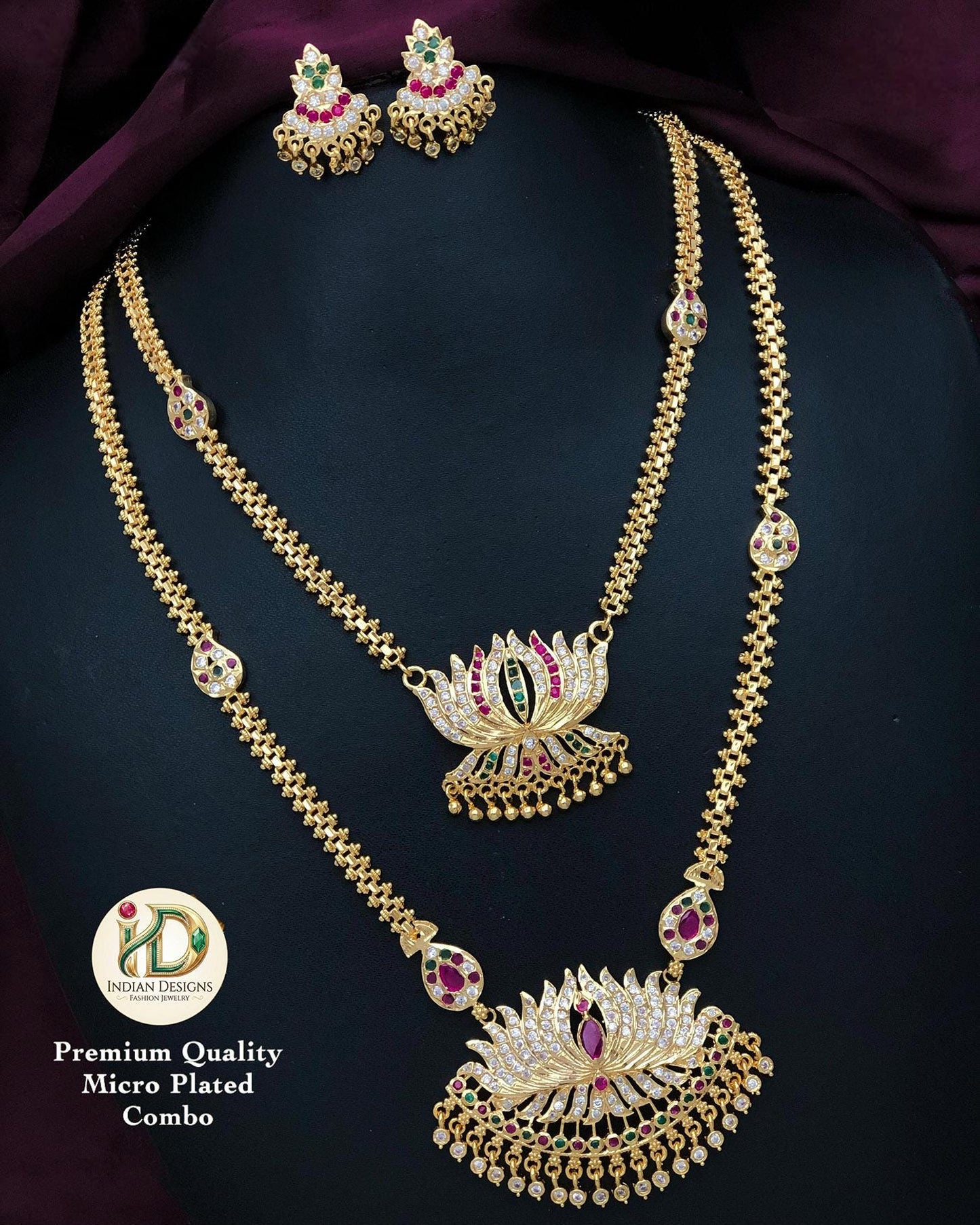 Gold Plated Lotus Necklace Set| 2-Piece Long & Short Haram Set| American Diamond Lotus Jewelry | Available in Ruby, White, and Multi-Color