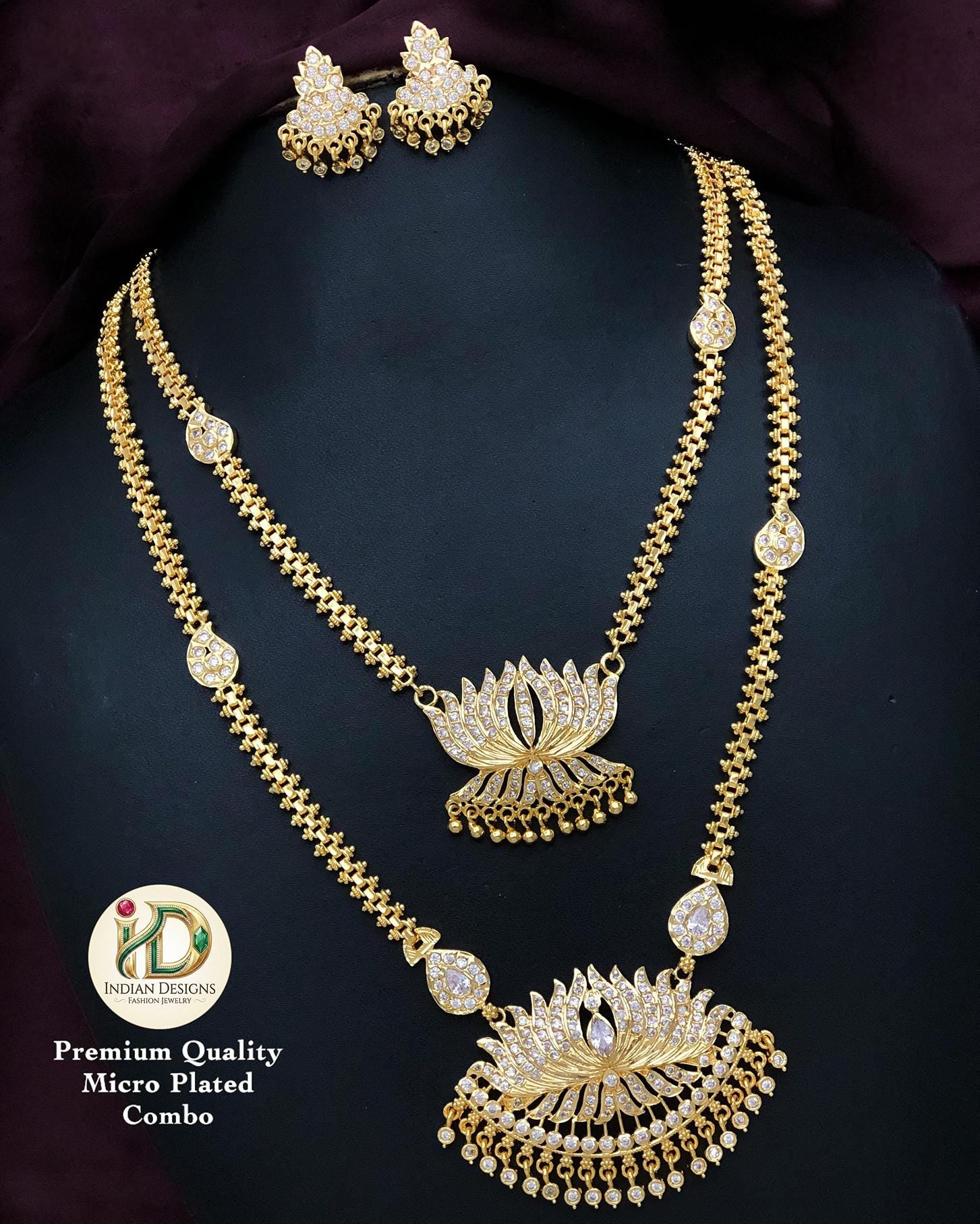 Gold Plated Lotus Necklace Set| 2-Piece Long & Short Haram Set| American Diamond Lotus Jewelry | Available in Ruby, White, and Multi-Color