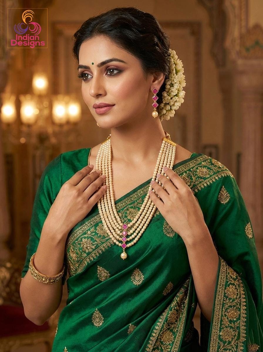 Multi strand pearl layered necklace| 5 strand rani haar with earrings| minimalist indian wedding necklace| ruby green stone| gift for her