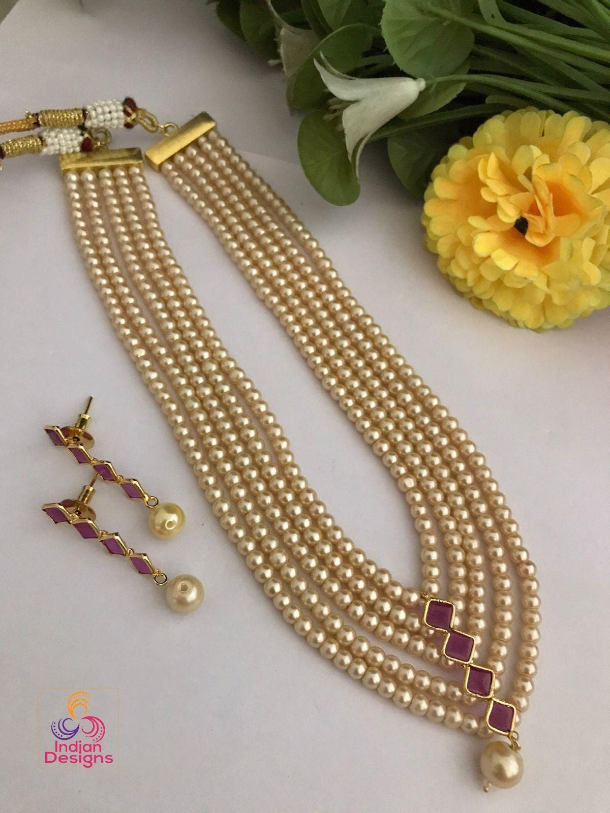 Multi strand pearl layered necklace| 5 strand rani haar with earrings| minimalist indian wedding necklace| ruby green stone| gift for her