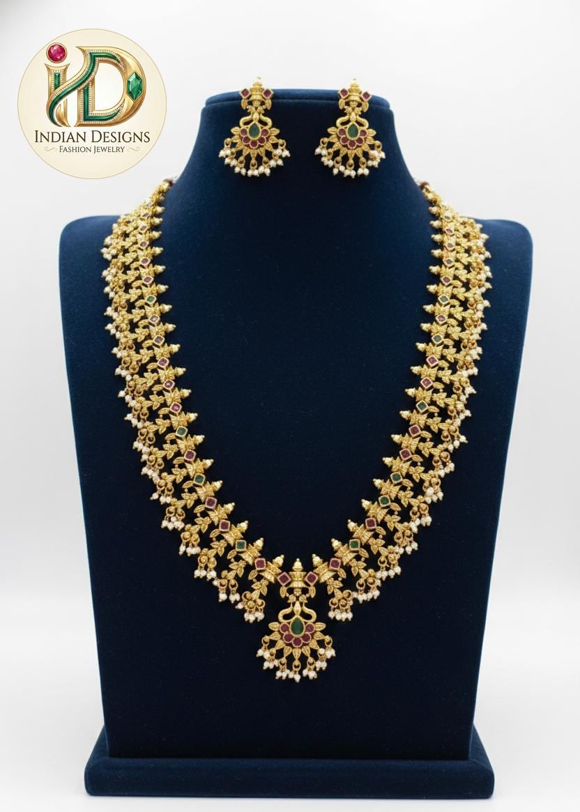 Traditional Gold Plated Temple Necklace Set with Green Ruby Stones & Pearls | South Indian Bridal Jewelry| Long Necklace set| Gift for her