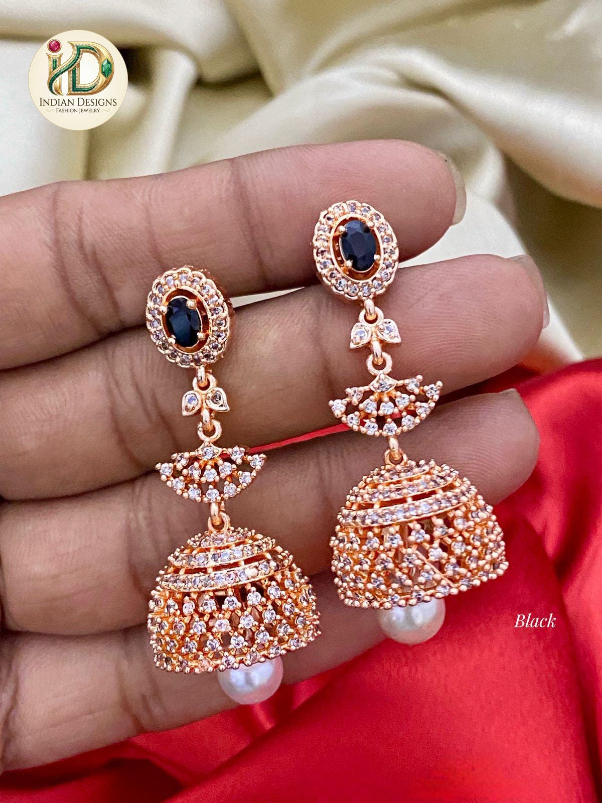 Rose Gold Jhumka Earrings with Emerald Green Stone| Statement Drop Earrings with Pearl Drop| Indian Jewelry| Pakistani Jhumki| Gift for her