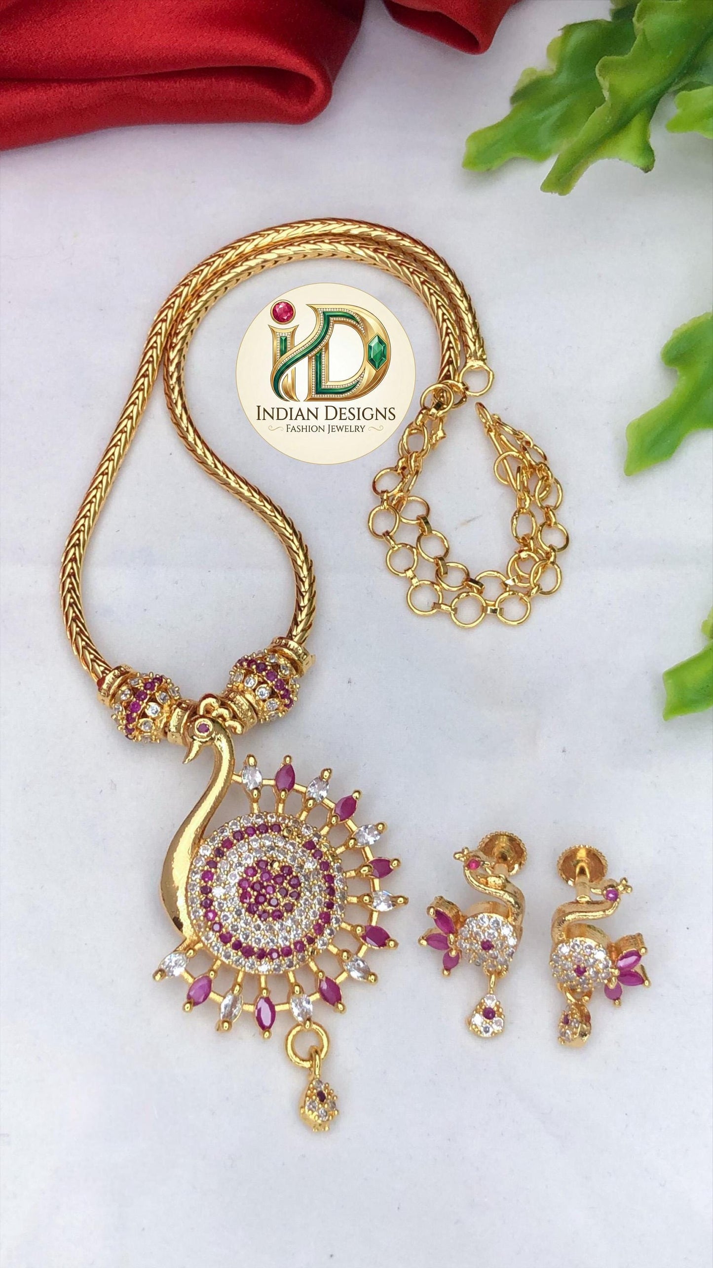 Gold plated peacock necklace set| south indian ad stone jewelry| traditional ruby emerald white pendant| simple bollywood wedding gift