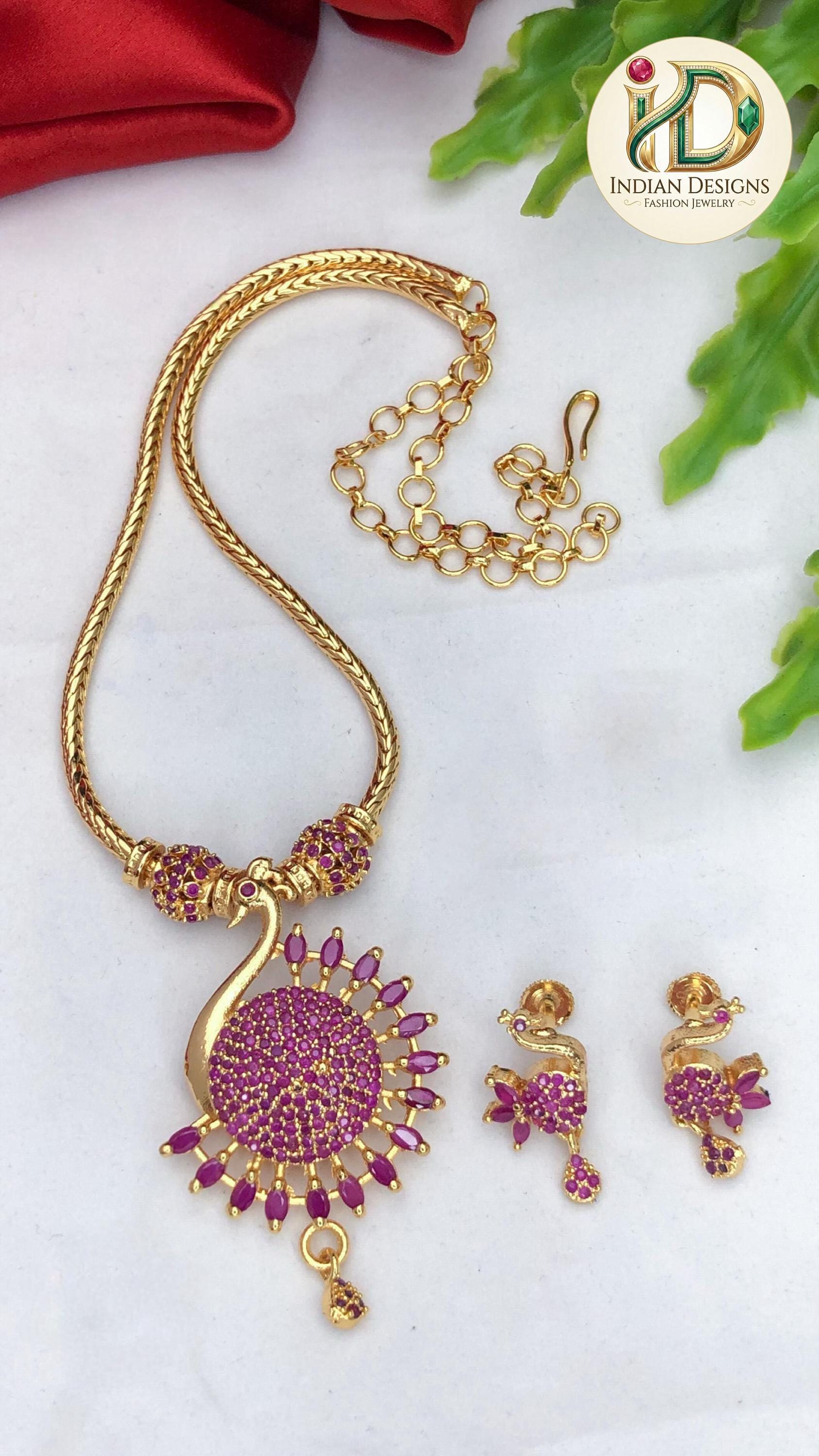 Gold plated peacock necklace set| south indian ad stone jewelry| traditional ruby emerald white pendant| simple bollywood wedding gift