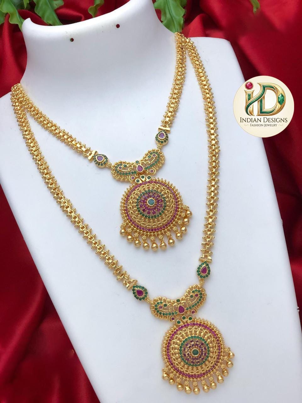 Traditional South Indian Temple Jewelry Necklace Combo| 2-Piece Long & Short Haram Set| Antique Gold Set| Statement Necklace| Gift for Her