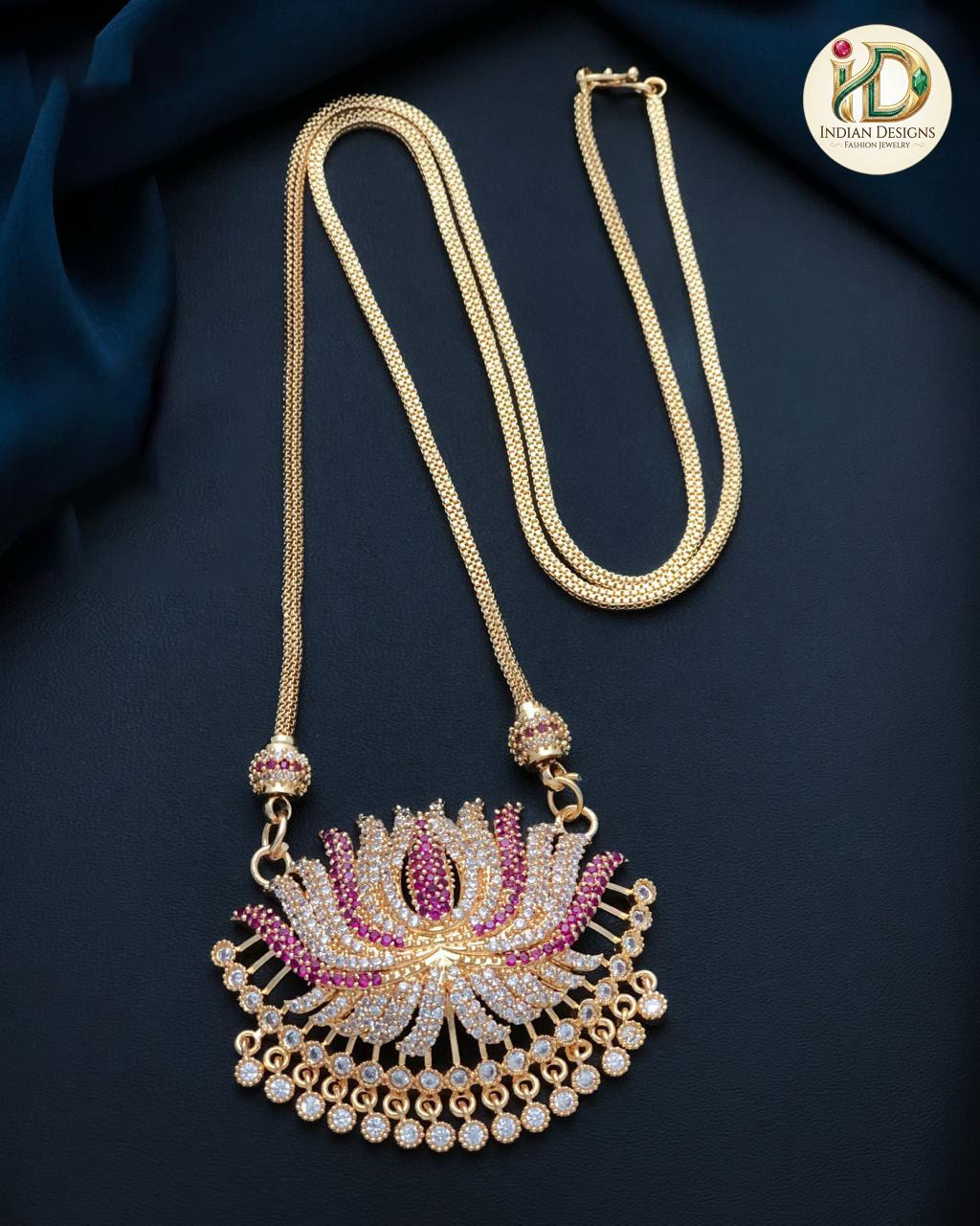 Lotus Flower Charm Necklace with Ruby Emerald Stones| Gold Plated South Indian mangalsutra| AD stone Lotus Pendant Necklace| Gift for her