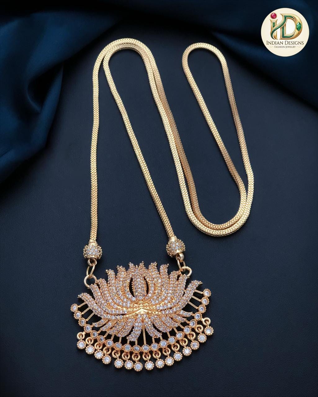 Lotus Flower Charm Necklace with Ruby Emerald Stones| Gold Plated South Indian mangalsutra| AD stone Lotus Pendant Necklace| Gift for her