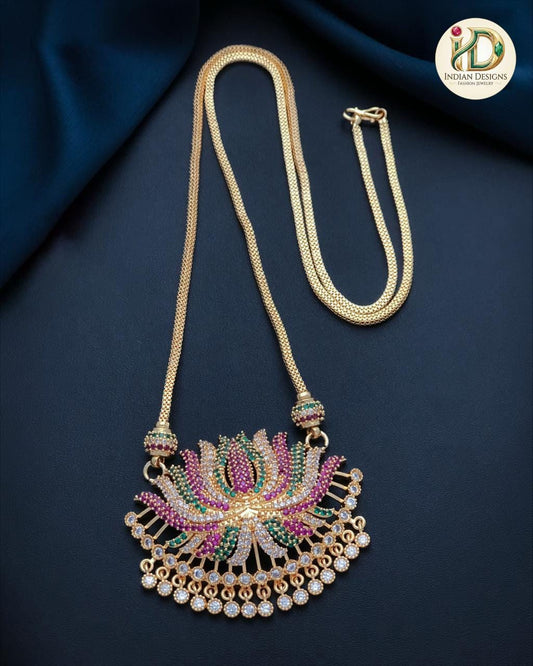 Lotus Flower Charm Necklace with Ruby Emerald Stones| Gold Plated South Indian mangalsutra| AD stone Lotus Pendant Necklace| Gift for her