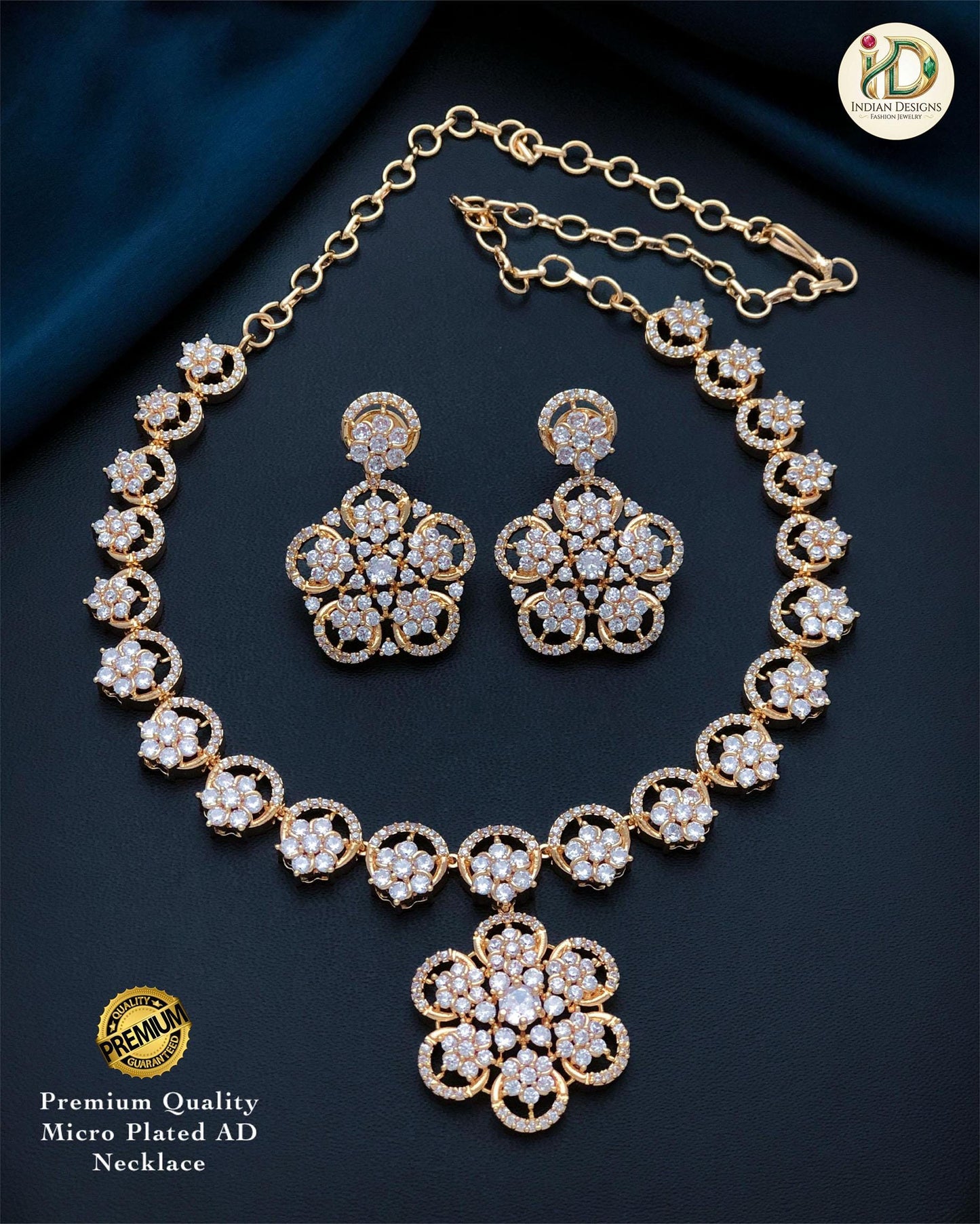 Gold Plated American Diamond Flower Necklace Set| AD Choker and Earrings| Statement Party Wear Necklace| CZ Bridal Jewelry| Gift for her