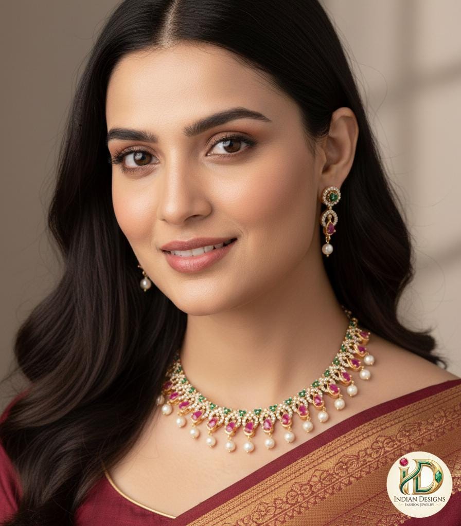 CZ Pearl Choker Necklace Set for Women| Gold Plated AD Stones| Indian Wedding Jewelry with Earrings| Party Wear Bridal Necklace USA