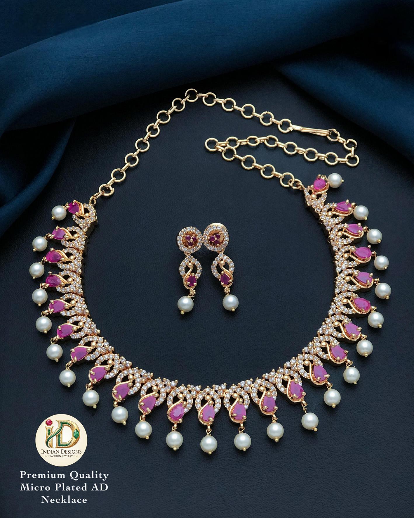 CZ Pearl Choker Necklace Set for Women| Gold Plated AD Stones| Indian Wedding Jewelry with Earrings| Party Wear Bridal Necklace USA