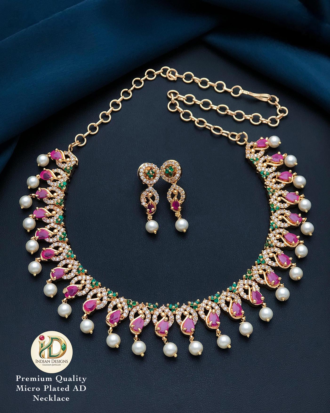CZ Pearl Choker Necklace Set for Women| Gold Plated AD Stones| Indian Wedding Jewelry with Earrings| Party Wear Bridal Necklace USA