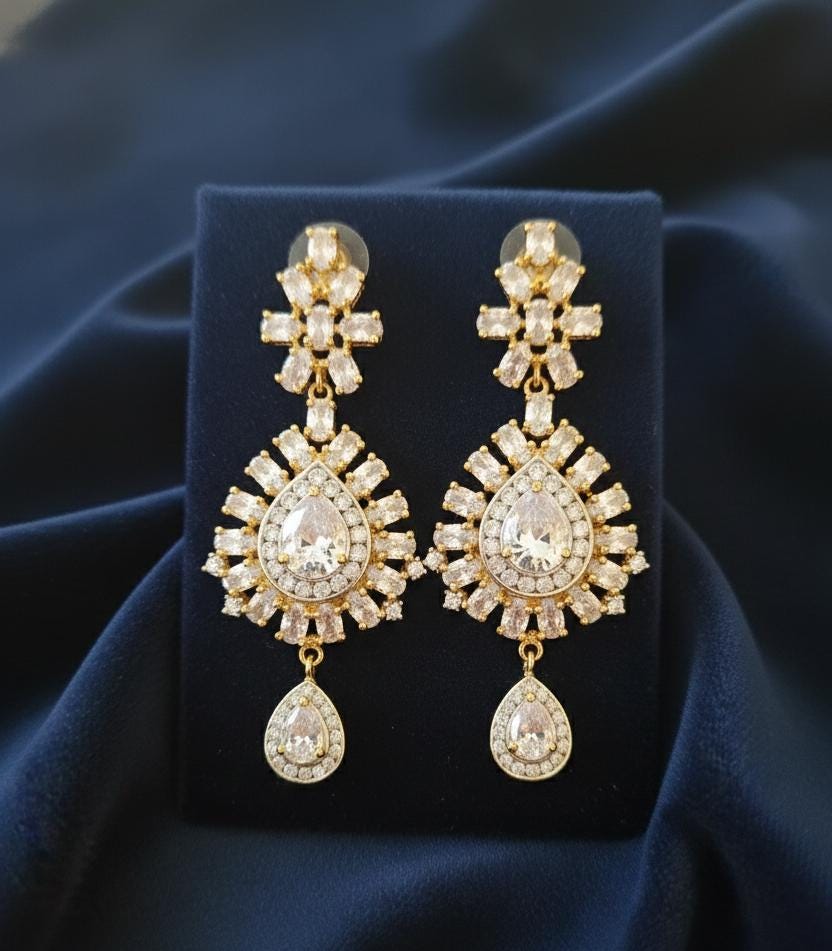 CZ Bollywood Fashion Diamond Party Wear Dangling drop Earrings|Women's Fashion Trending Earrings|South Indian Unique Dangle Earrings