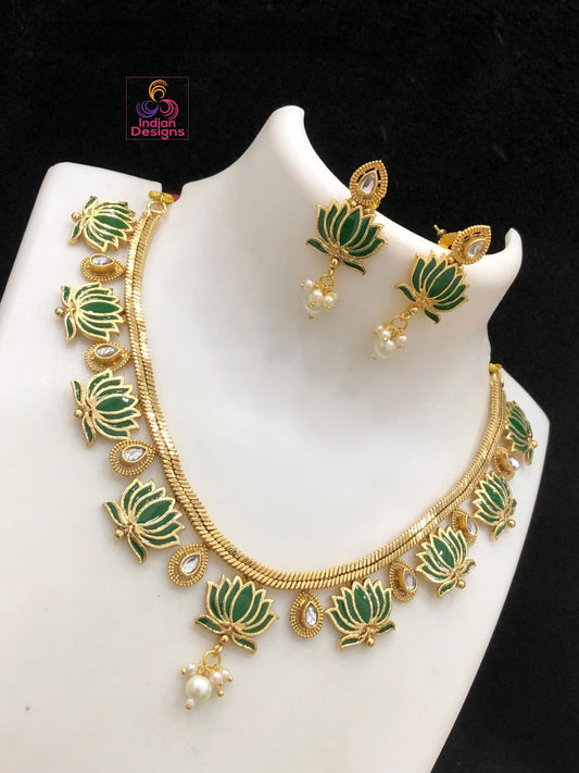 Lotus choker necklace set| enamel gold finish jewelry| pearl drop necklace with earrings| traditional south indian design style|gift for her