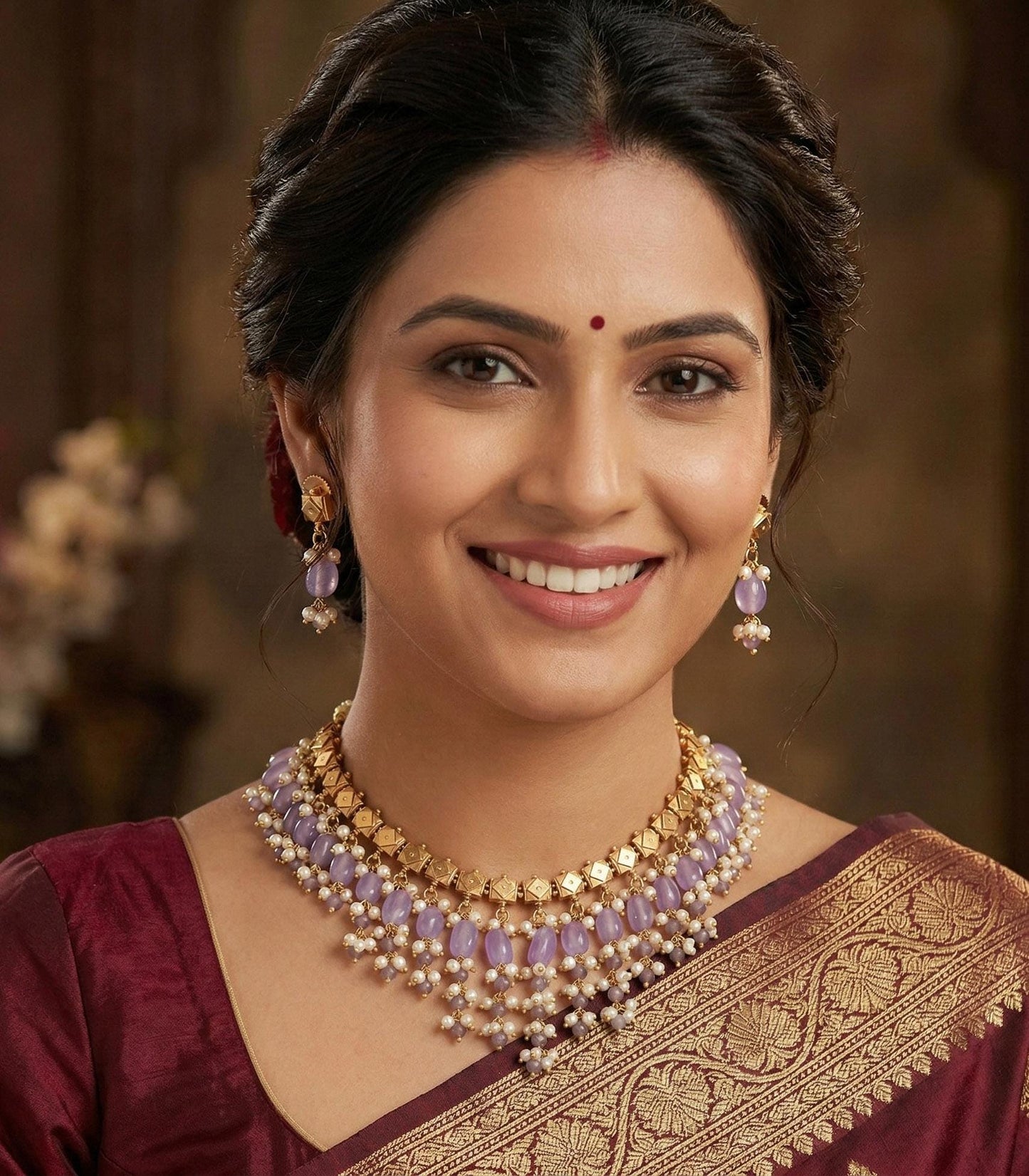 Red bead & pearl necklace set | gold plated traditional choker | indian bridal jewelry | festive necklace set with earrings | gift for her