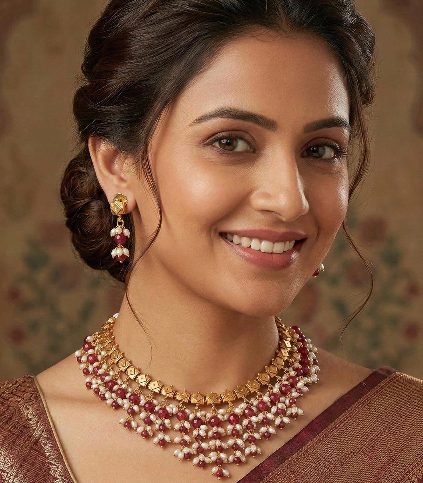 Red bead & pearl necklace set | gold plated traditional choker | indian bridal jewelry | festive necklace set with earrings | gift for her