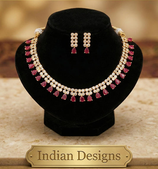 Navy Blue AD Necklace Set Gold Plated| Indian Wedding Jewelry Set USA| American Diamond Ruby Red Bridal Necklace with Earrings| gift for her