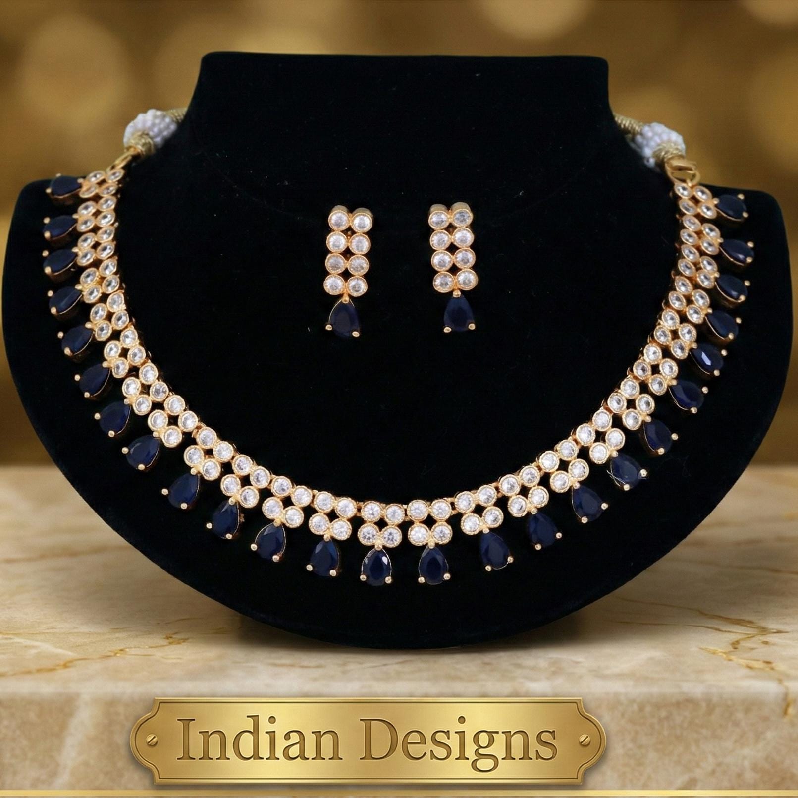 Navy Blue AD Necklace Set Gold Plated| Indian Wedding Jewelry Set USA| American Diamond Ruby Red Bridal Necklace with Earrings| gift for her
