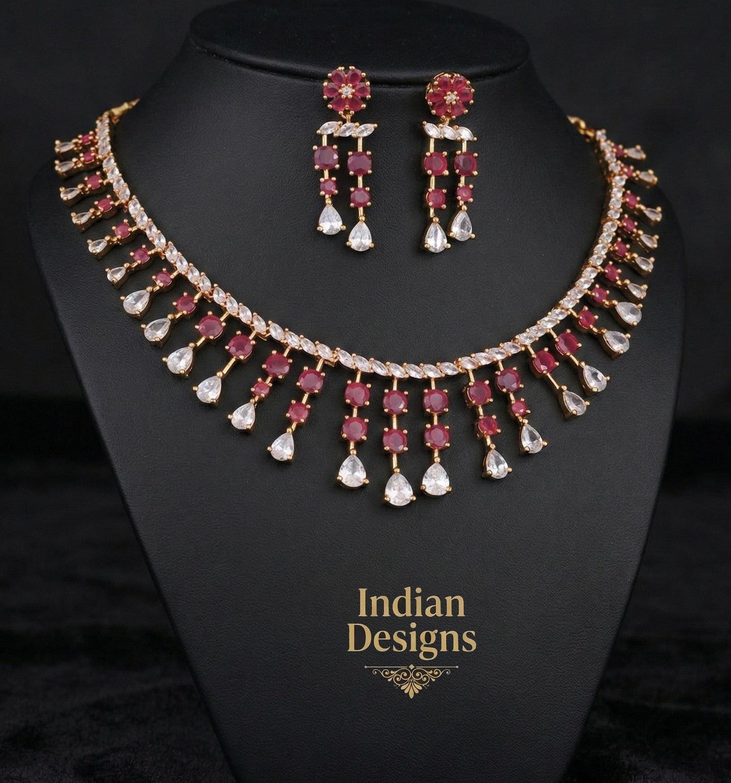 American Diamond Green Ruby CZ Bridal Jewelry| Gold Plated Indian Wedding Necklace & Earrings| Statement Ethnic Jewelry USA| Gift for her