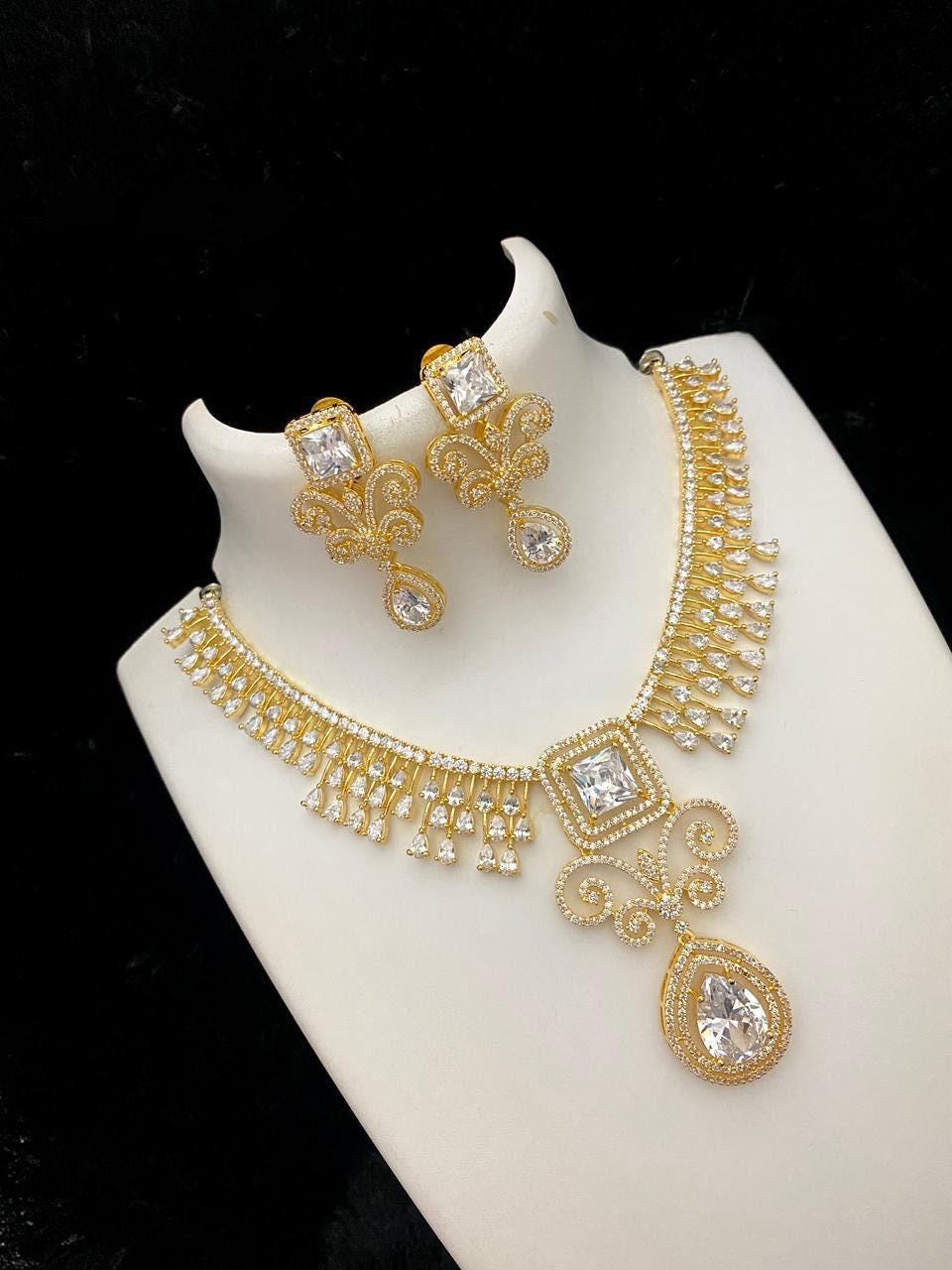 American diamond necklace set with earrings| square & teardrop pendant| ruby/green/white cz gold plated indian wedding jewelry| gift for her