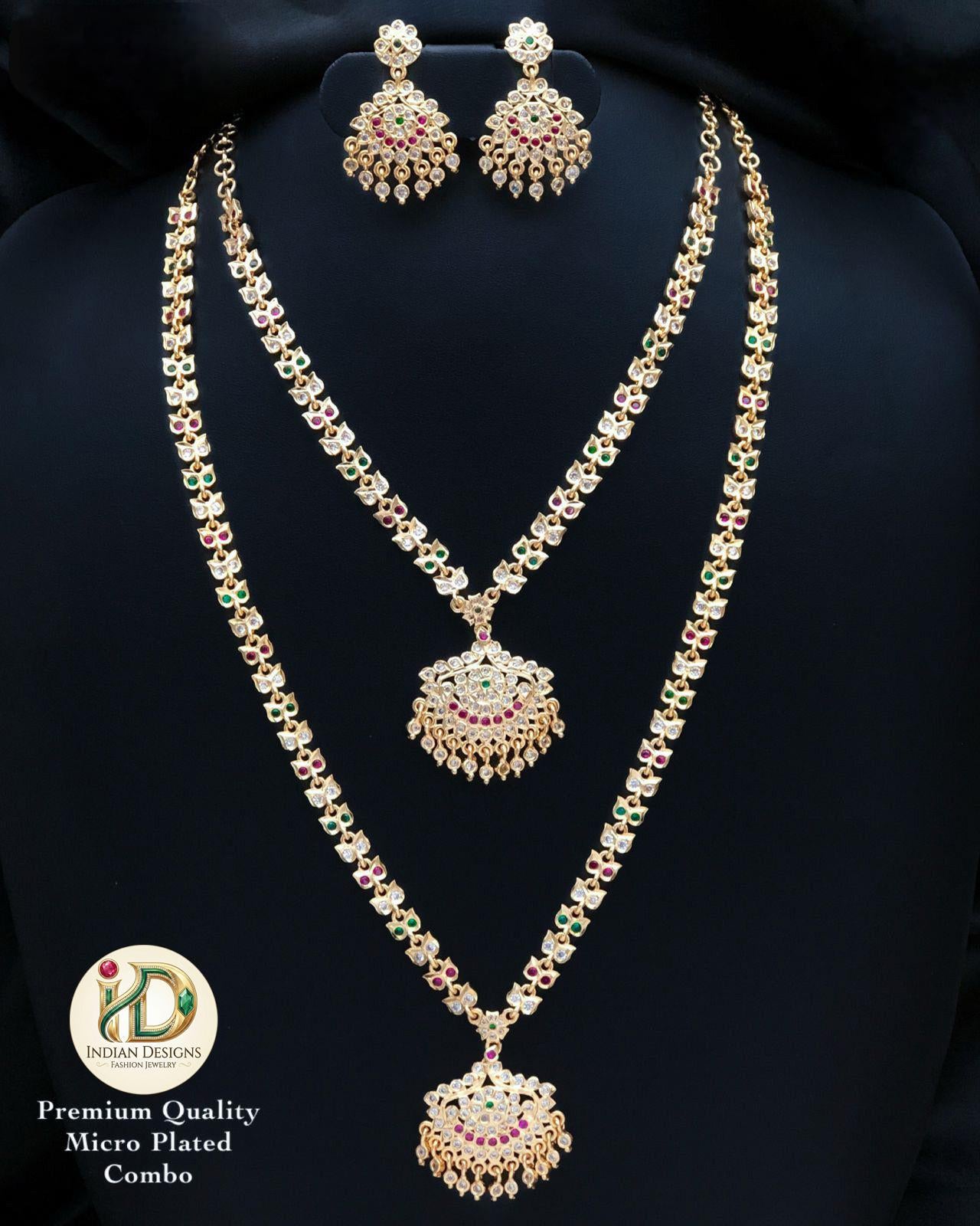 Gold-Plated Attigai Necklace & Earrings with CZ Stones| AD stone Long-short necklace combo| South Indian style Wedding Jewelry| gift for her