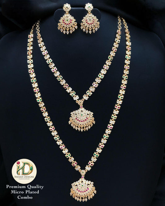 Gold-Plated Attigai Necklace & Earrings with CZ Stones| AD stone Long-short necklace combo| South Indian style Wedding Jewelry| gift for her
