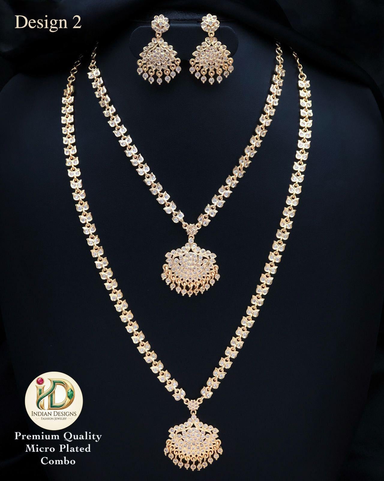 Gold-Plated Attigai Necklace & Earrings with CZ Stones| AD stone Long-short necklace combo| South Indian style Wedding Jewelry| gift for her