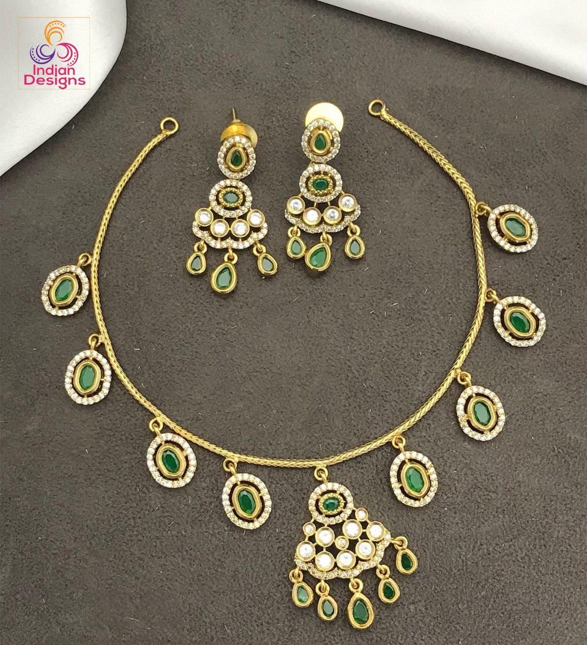 Indian choker necklace set| gold plated ad stone ruby emerald oval drop jewelry| traditional festive & wedding wear jewelry| gift for her